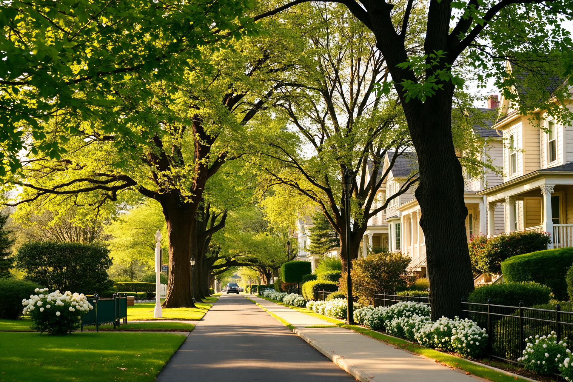 A tree-lined residential street in Glen Ridge in spring
